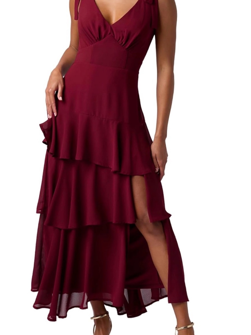 Lulu's Wine Ruffle Tiered V-Neck Maxi Dress